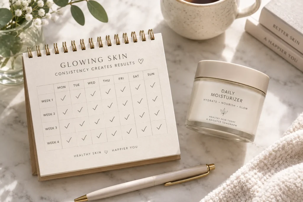 10 Facial Moisturizer Mistakes to Avoid Today 11 Calendar with checkmarks tracking a consistent skin care routine