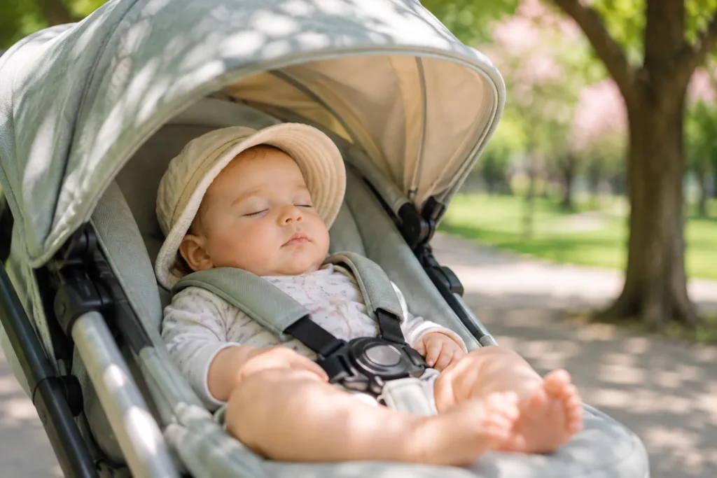 10 Kids Sunscreen Facts Every Parent Should Know 7 Baby resting in a stroller under a shade canopy wearing a sun hat