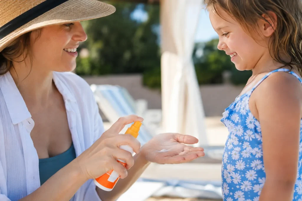 10 Kids Sunscreen Facts Every Parent Should Know 9 Parent spraying sunscreen into hand before applying to child