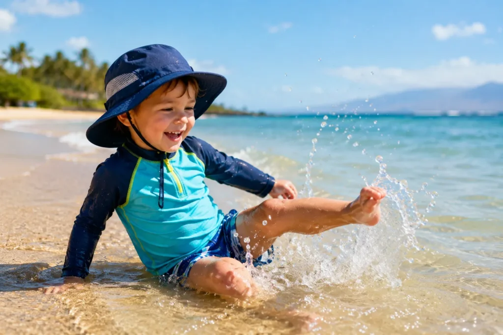 10 Kids Sunscreen Facts Every Parent Should Know 11 Child wearing UPF rash guard and hat playing at the beach"