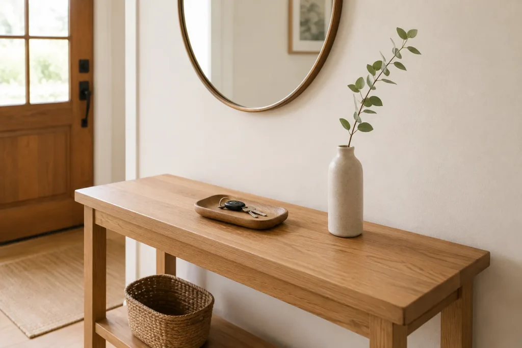 10 Less Is More Decorating Tricks You'll Love 3 Clean entryway table styled with a small wooden tray and a single stem vase for a less is more look