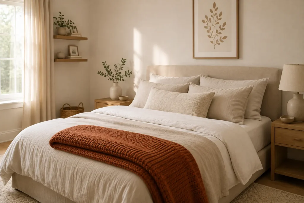 10 Less Is More Decorating Tricks You'll Love 5 Bedroom decorated in a soft beige and white color story with a terracotta throw blanket accent
