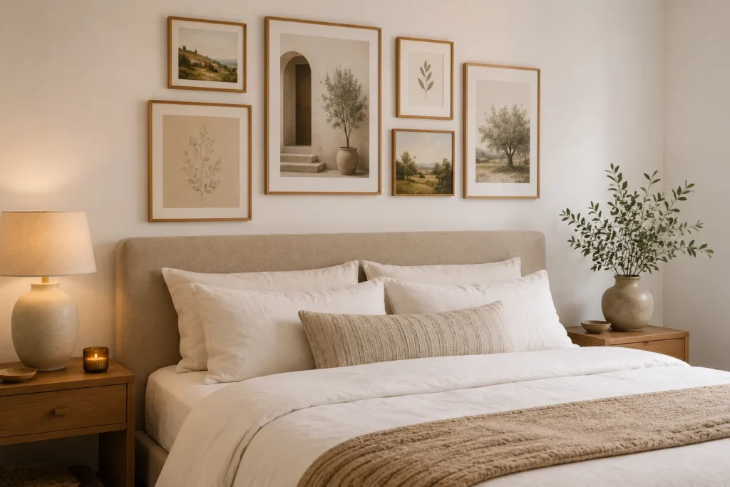 10 Less Is More Decorating Tricks You'll Love 9 Bedroom with a styled gallery wall focal point behind the headboard and simple bare walls elsewhere