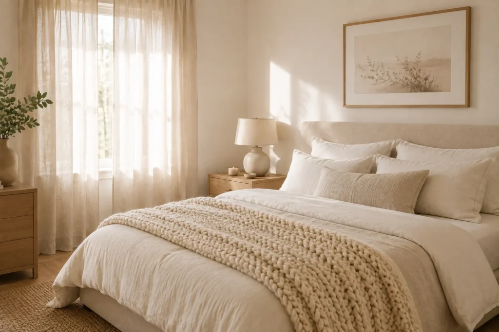 10 Less Is More Decorating Tricks You'll Love 11 Minimalist bedroom with a chunky knit throw blanket, linen curtains, and a wood nightstand