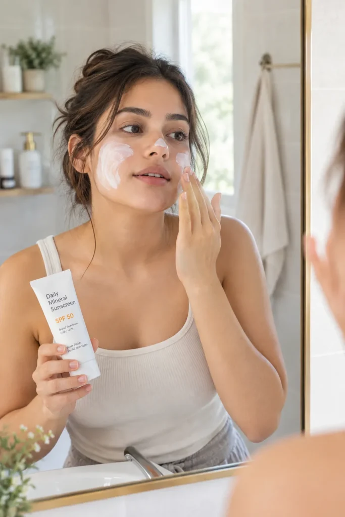 12 Mineral Sunscreen Benefits Your Skin Will Love Today 3 Woman applying sunscreen in a bathroom mirror before leaving the house