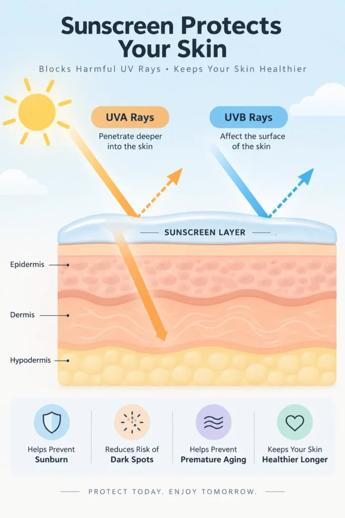 12 Mineral Sunscreen Benefits Your Skin Will Love Today 5 Diagram showing UVA and UVB rays being blocked by a sunscreen layer