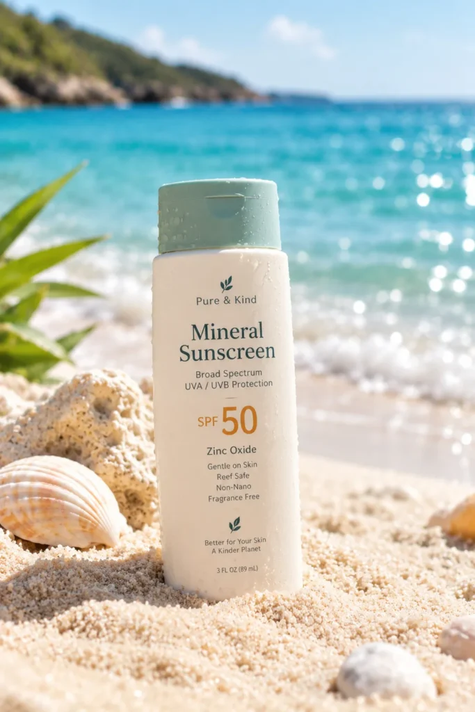 12 Mineral Sunscreen Benefits Your Skin Will Love Today 11 Mineral sunscreen bottle on sand near clear ocean water