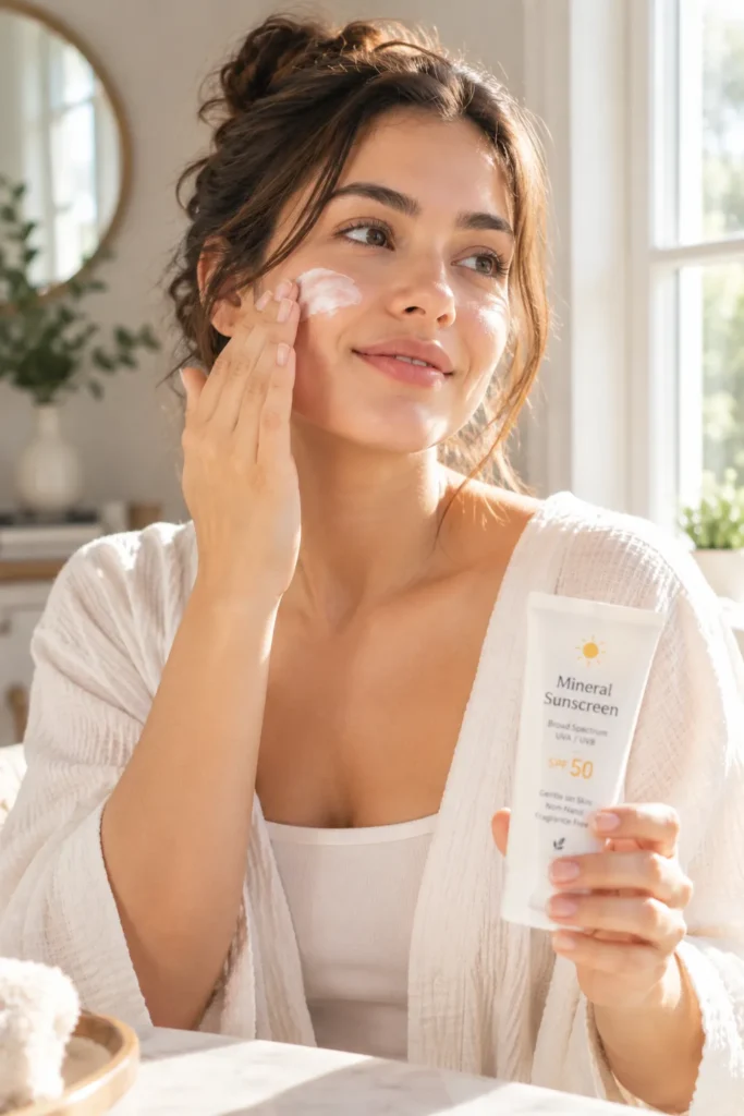 12 Mineral Sunscreen Benefits Your Skin Will Love Today 13 Woman applying sunscreen by a sunny window as part of her morning routin