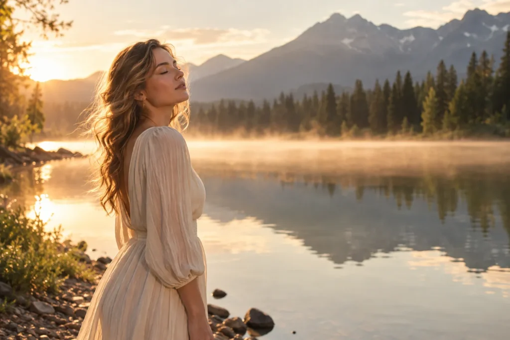 10 Nature Water Views That Feel Pure and Peaceful 2 Glamorous woman in flowing dress standing peacefully by a calm lake at golden hour