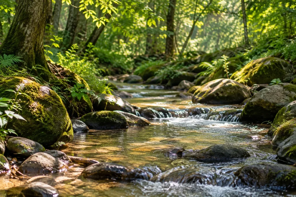 10 Nature Water Views That Feel Pure and Peaceful 4 Narrow forest creek with sunlight filtering onto the water
