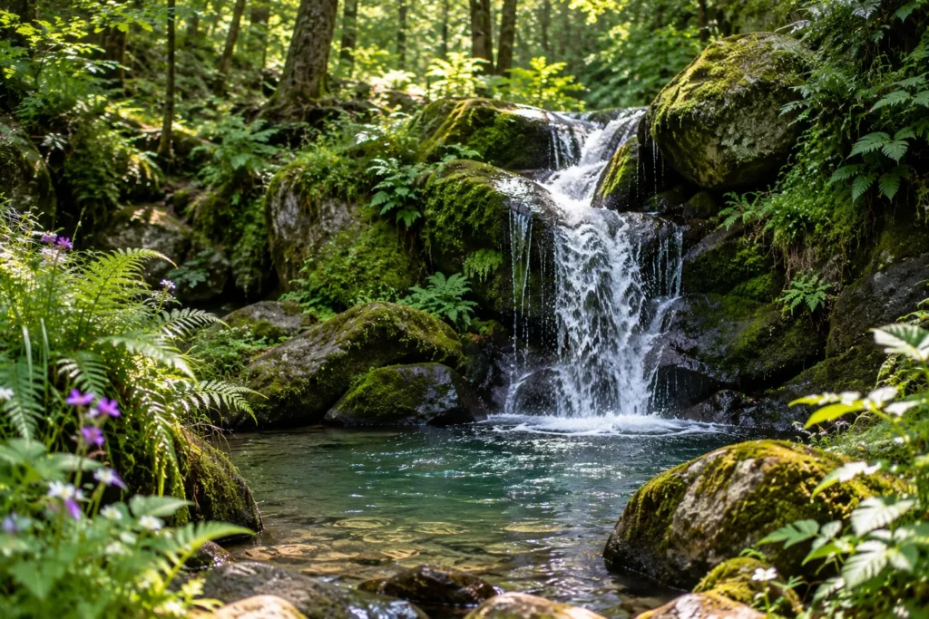 10 Nature Water Views That Feel Pure and Peaceful 6 Small hidden waterfall in a mossy forest setting