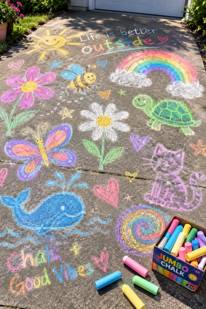 12 Outdoor Fun Activities Everyone Will Love 3 Colorful sidewalk chalk art covering a driveway