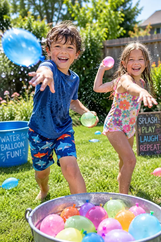 12 Outdoor Fun Activities Everyone Will Love 5 Kids playing a water balloon toss game outdoors