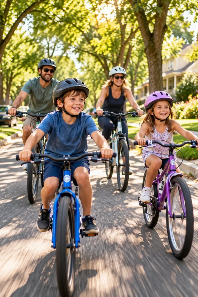 12 Outdoor Fun Activities Everyone Will Love 9 Family riding bikes together through a neighborhood