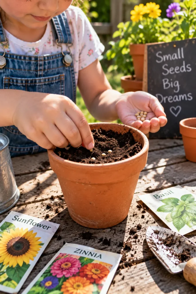 12 Outdoor Fun Activities Everyone Will Love 11 Child planting seeds in a pot on a sunny patio