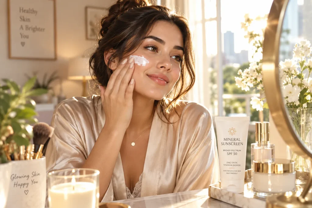 10 Physical Sunscreen Tips for Better Daily Skin Protection 2 Glamorous woman applying physical sunscreen at a sunlit vanity as part of her skincare routine"