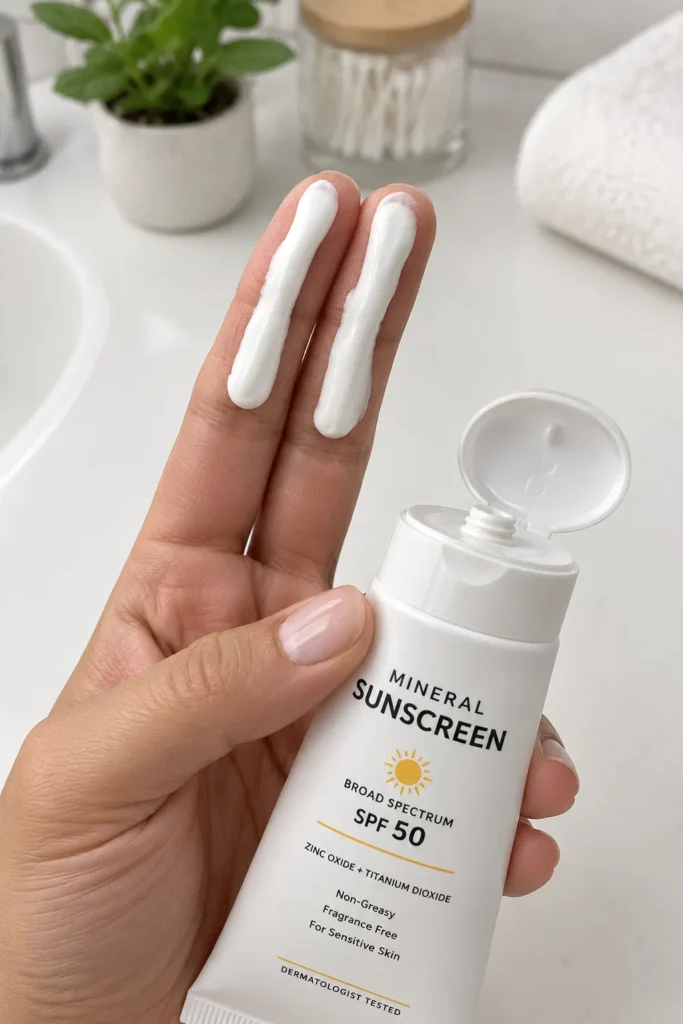 10 Physical Sunscreen Tips for Better Daily Skin Protection 4 Hand measuring the two finger rule amount of sunscreen for full face coverage"