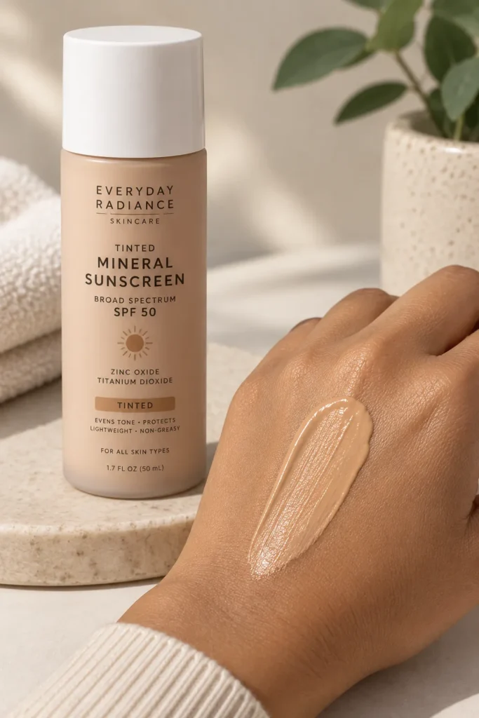 10 Physical Sunscreen Tips for Better Daily Skin Protection 6 Tinted mineral sunscreen bottle with a skin tone matching swatch"