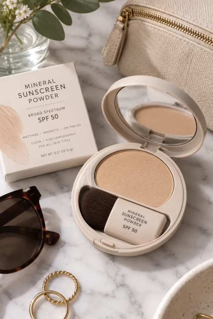 10 Physical Sunscreen Tips for Better Daily Skin Protection 8 Mineral sunscreen powder compact with brush next to a makeup bag"