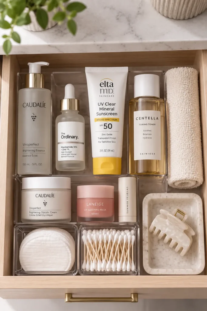 10 Physical Sunscreen Tips for Better Daily Skin Protection 10 Bathroom drawer with skincare and sunscreen bottles stored properly"
