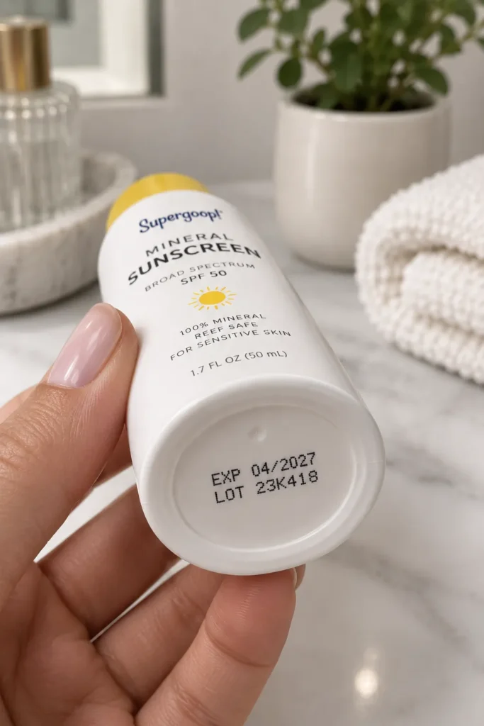 10 Physical Sunscreen Tips for Better Daily Skin Protection 12 Hand checking the expiration date on a sunscreen bottle"