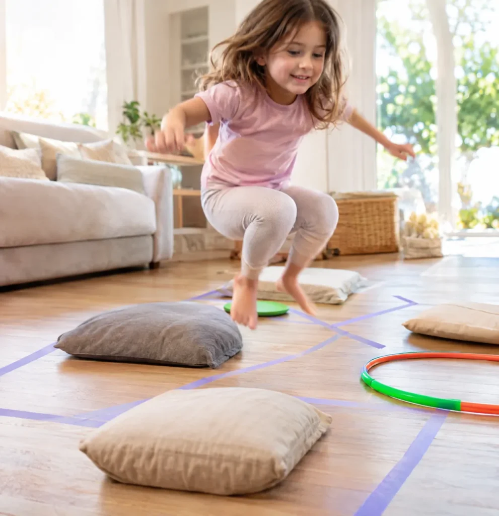 10 Play Time Ideas to Keep Kids Busy and Happy 3 Child playing on an indoor obstacle course made from couch cushions and tape