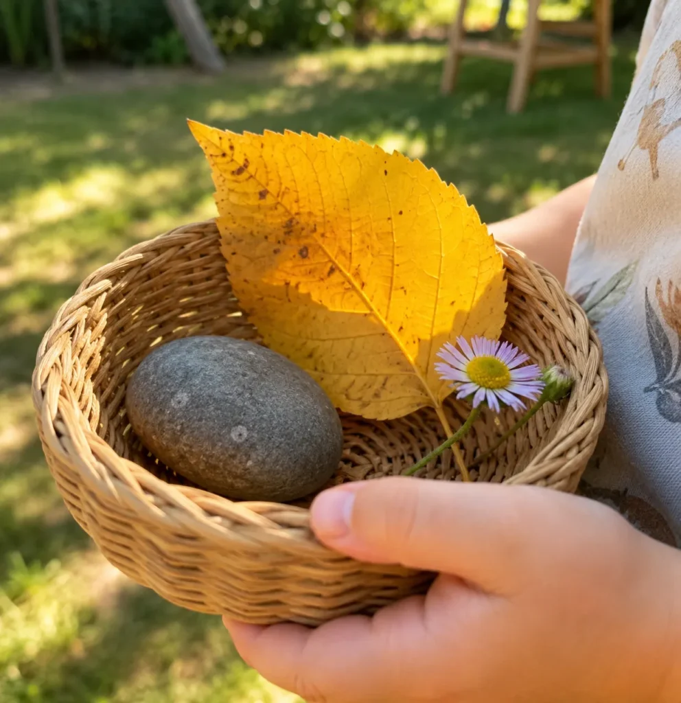 10 Play Time Ideas to Keep Kids Busy and Happy 5 Child holding a scavenger hunt basket with a leaf, rock, and flower