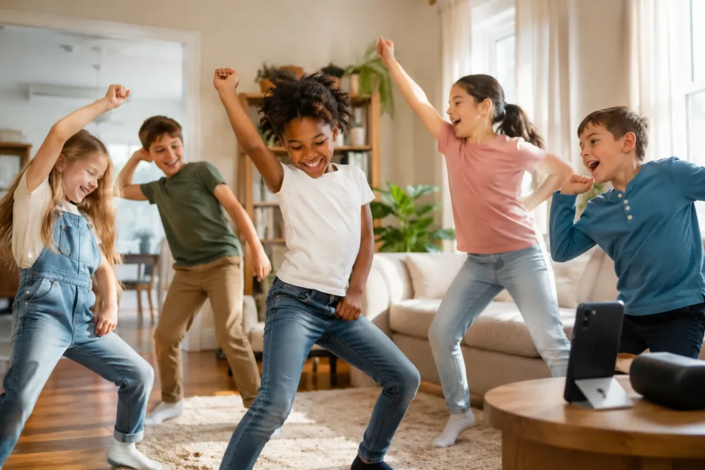 10 Play Time Ideas to Keep Kids Busy and Happy 7 Kids playing freeze dance game together in the living room