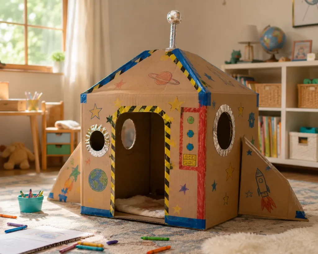 10 Play Time Ideas to Keep Kids Busy and Happy 9 Cardboard box decorated as a homemade spaceship for kids play