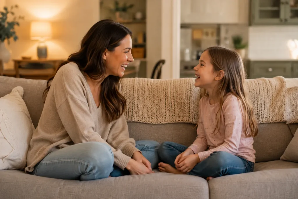 10 Play Time Ideas to Keep Kids Busy and Happy 11 Parent and child laughing together while playing a conversation game