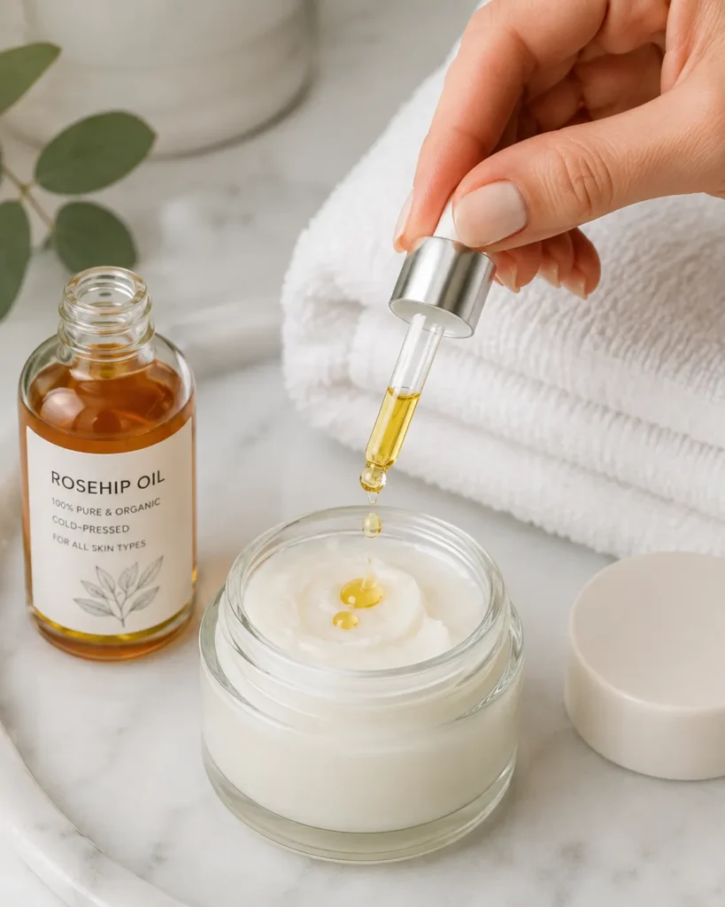 10 Rosehip Oil Uses for Clear, Soft and Radiant Skin 3 Adding rosehip oil into a jar of face moisturizer on a bathroom counter
