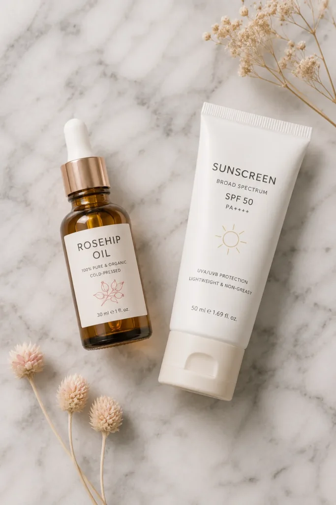 10 Rosehip Oil Uses for Clear, Soft and Radiant Skin 5 Rosehip oil bottle next to sunscreen tube on a marble countertop