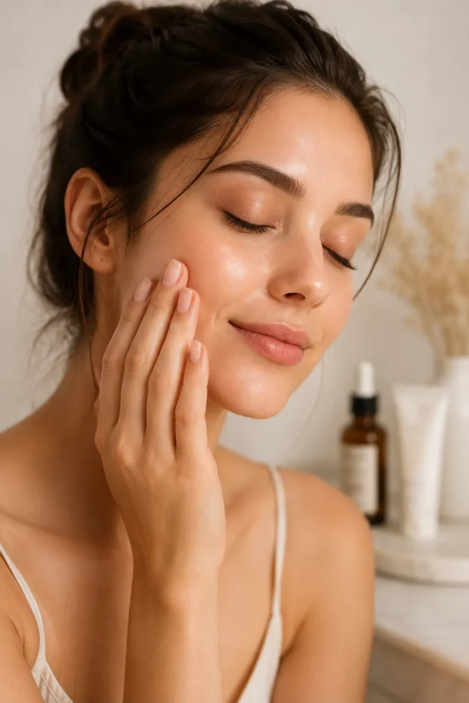 10 Rosehip Oil Uses for Clear, Soft and Radiant Skin 7 Woman touching her cheek gently in a calm, simple skin care setting