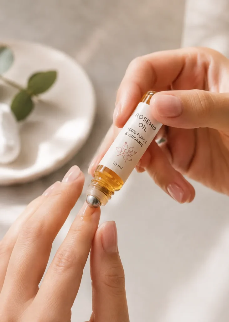 10 Rosehip Oil Uses for Clear, Soft and Radiant Skin 9 Massaging a drop of rosehip oil into a dry cuticle with a rollerball bottle