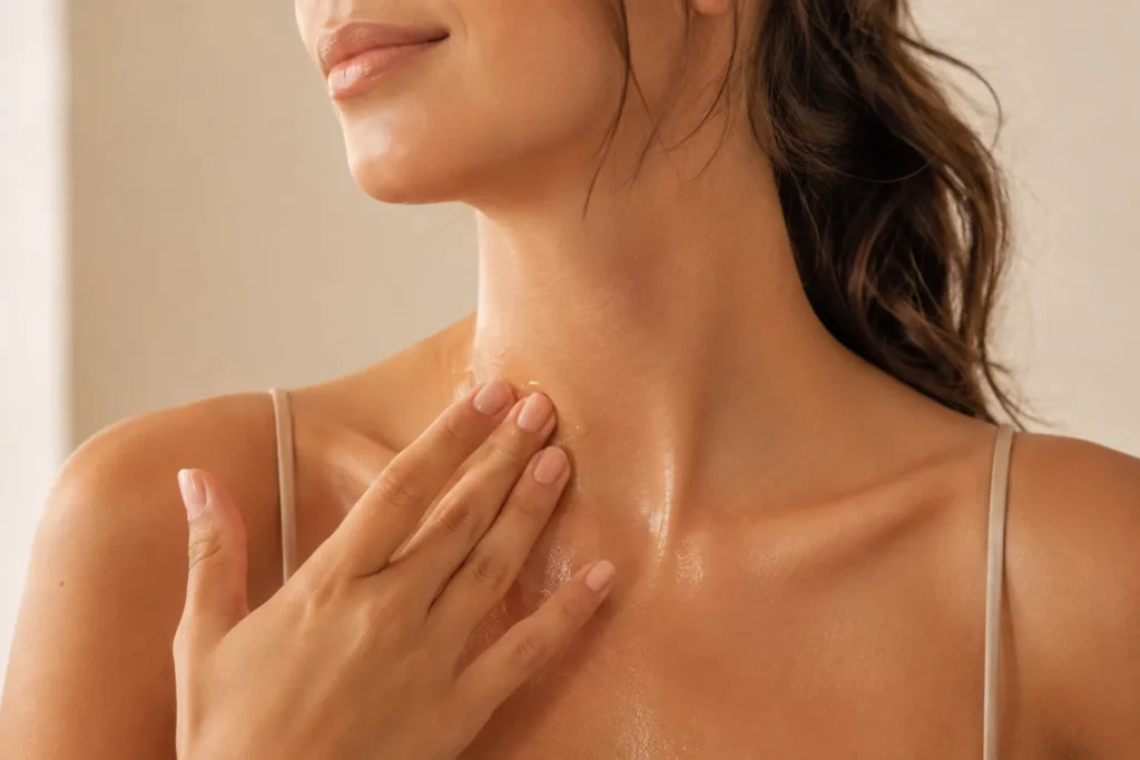 10 Skin Issues That May Reveal Hidden Problems 5 Woman applying skincare oil gently to her neckline