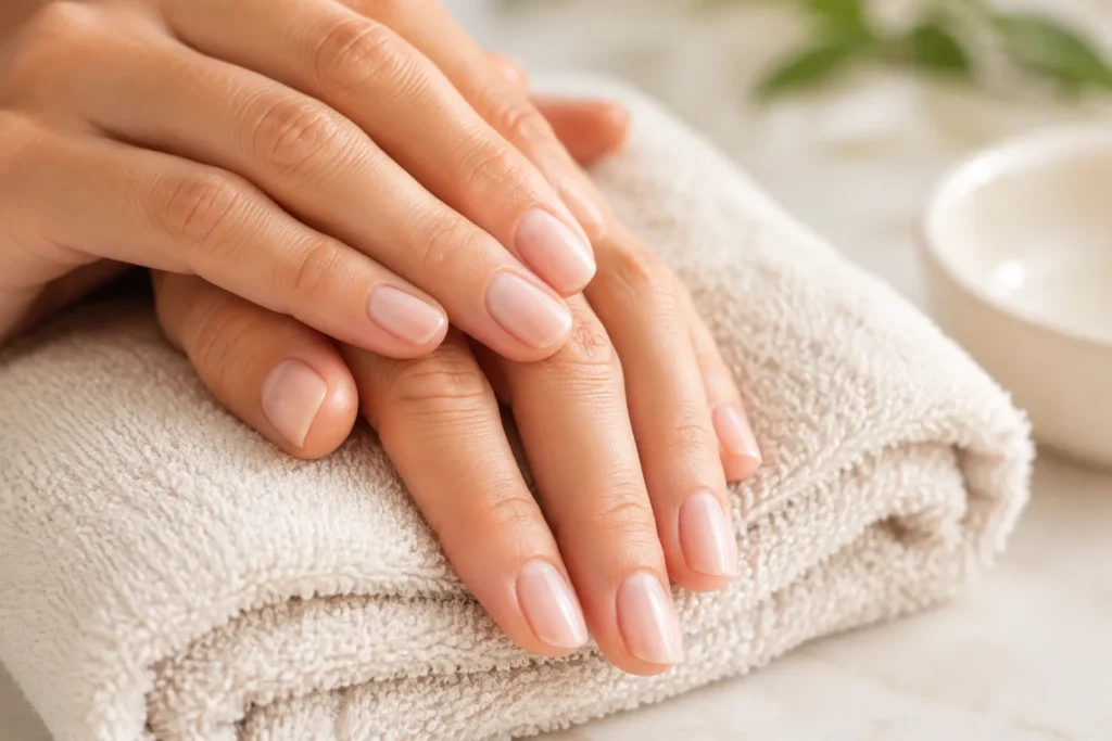 10 Skin Issues That May Reveal Hidden Problems 9 Clean, bare nails resting on a light colored towel