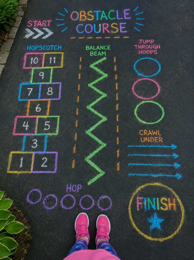 10 Summer Kids Activities for Screen-Free Family Fun 3 Colorful sidewalk chalk obstacle course with hopscotch squares