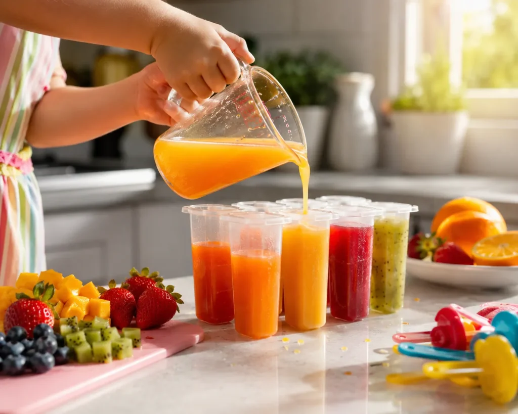 10 Summer Kids Activities for Screen-Free Family Fun 5 Kids making homemade fruit juice popsicles in the kitchen
