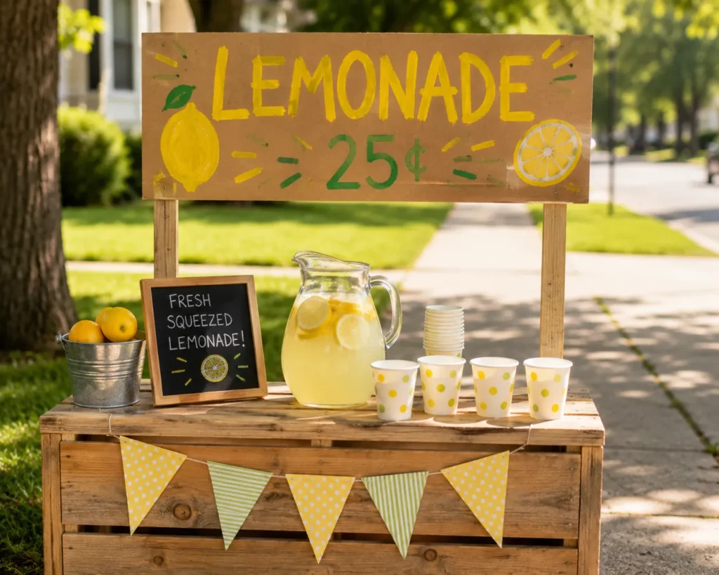 10 Summer Kids Activities for Screen-Free Family Fun 7 Homemade lemonade stand with a hand-painted sign