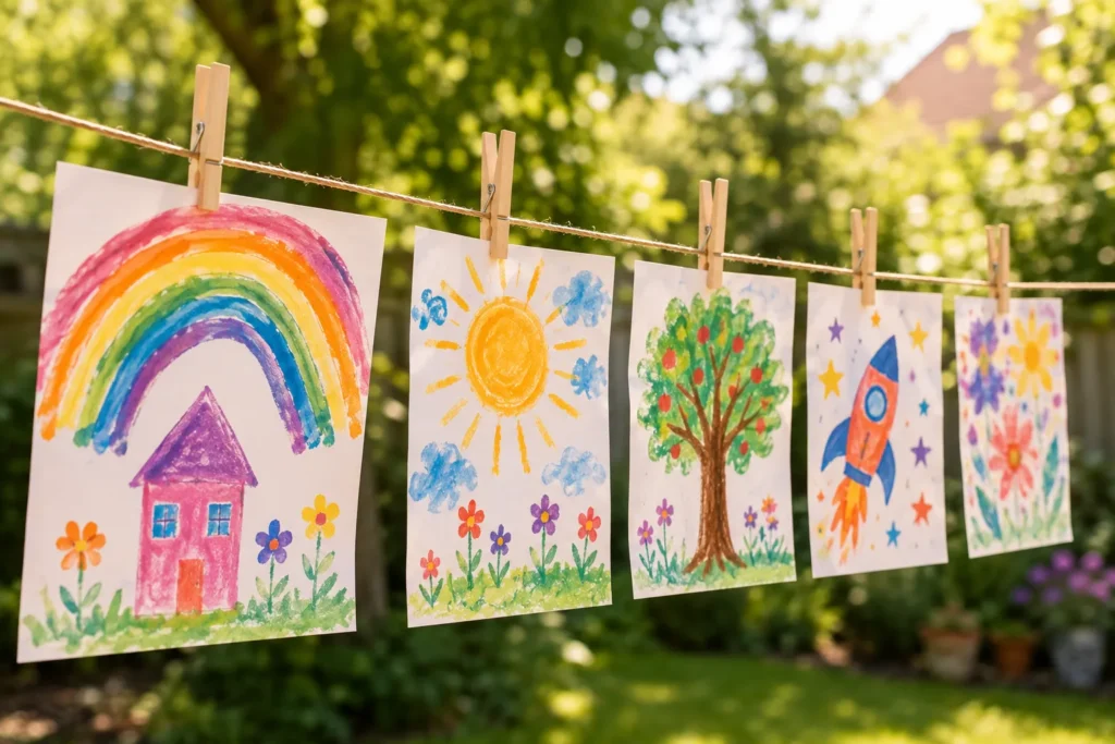 10 Summer Kids Activities for Screen-Free Family Fun 9 Children's artwork hanging outdoors on a clothesline