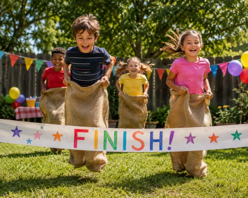 10 Summer Kids Activities for Screen-Free Family Fun 11 Kids competing in a backyard sack race with a finish line
