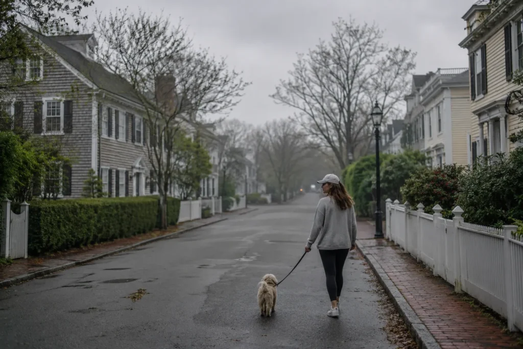 10 Sun Care Mistakes That Could Be Harming Your Skin 3 Woman walking her dog on an overcast cloudy morning
