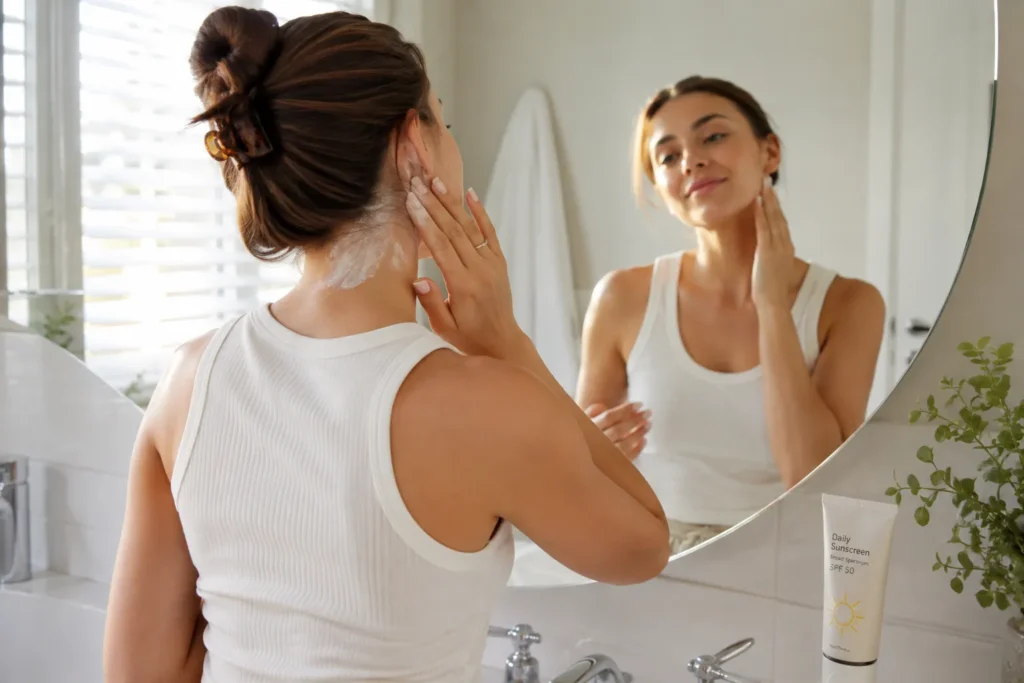 10 Sun Care Mistakes That Could Be Harming Your Skin 5 Woman applying sunscreen to her neck and ears in the mirror