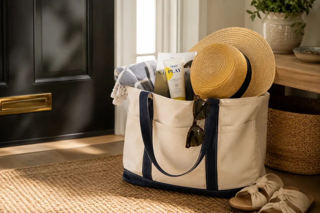 10 Sun Care Mistakes That Could Be Harming Your Skin 7 Packed beach bag with sunscreen, hat, and sunglasses by the front door