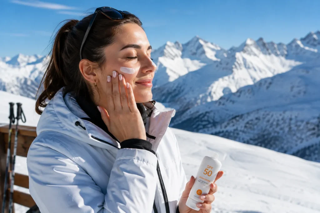 10 Sun Care Mistakes That Could Be Harming Your Skin 11 Woman applying sunscreen on a bright snowy mountain slope