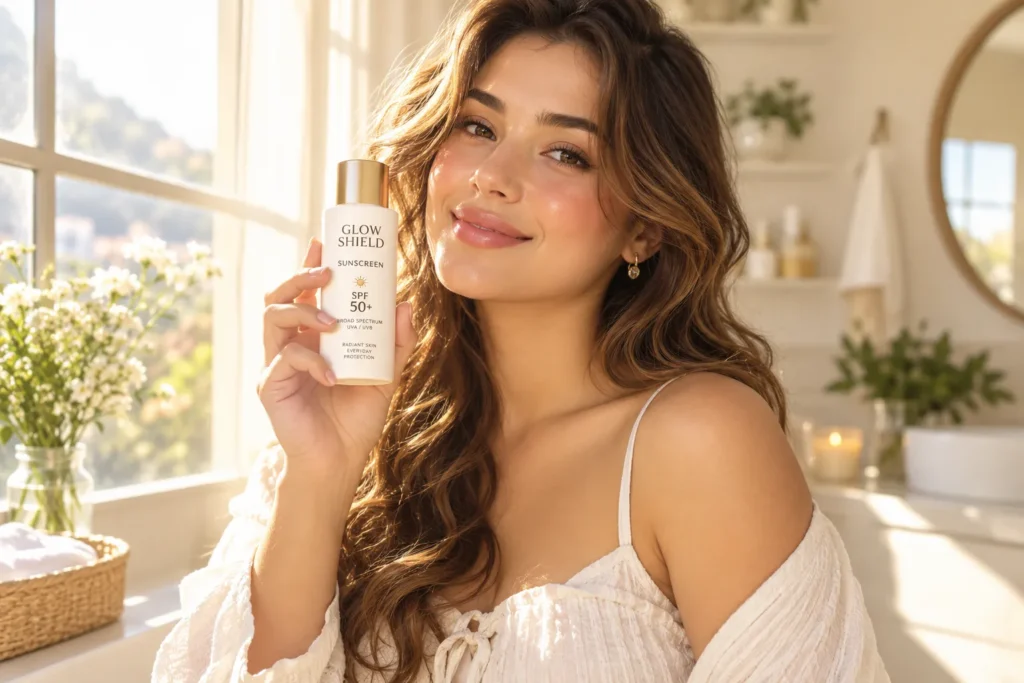 10 Sunscreen Mistakes That Could Harm Your Skin 2 Glamorous woman with glowing skin holding a sunscreen bottle in soft morning light