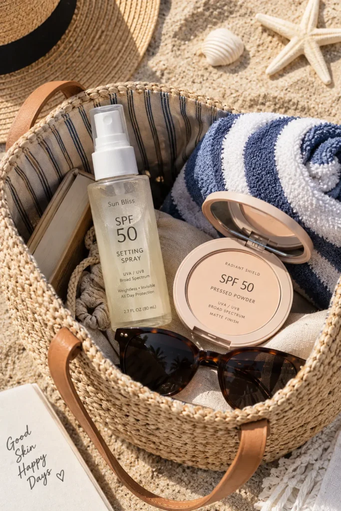 10 Sunscreen Mistakes That Could Harm Your Skin 4 Travel size SPF powder and sunscreen spray inside an open beach bag for easy reapplication