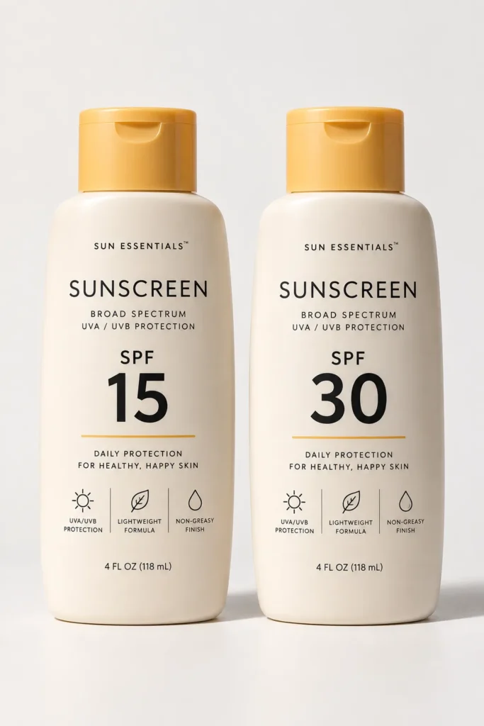 10 Sunscreen Mistakes That Could Harm Your Skin 8 SPF 15 and SPF 30 sunscreen bottles side by side for comparison