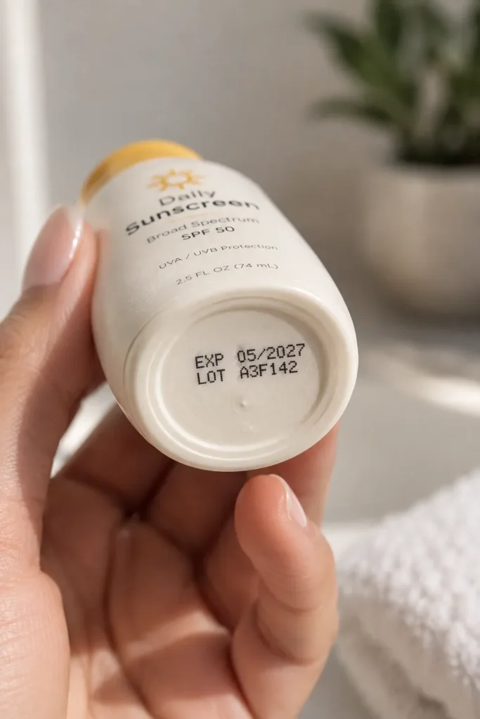 10 Sunscreen Mistakes That Could Harm Your Skin 10 Sunscreen bottle with a visible expiration date stamp on the packaging