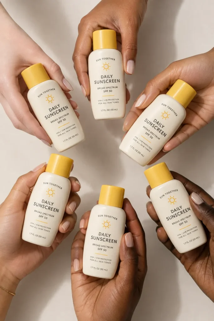 10 Sunscreen Mistakes That Could Harm Your Skin 12 Diverse hands in different skin tones each holding a small bottle of sunscreen